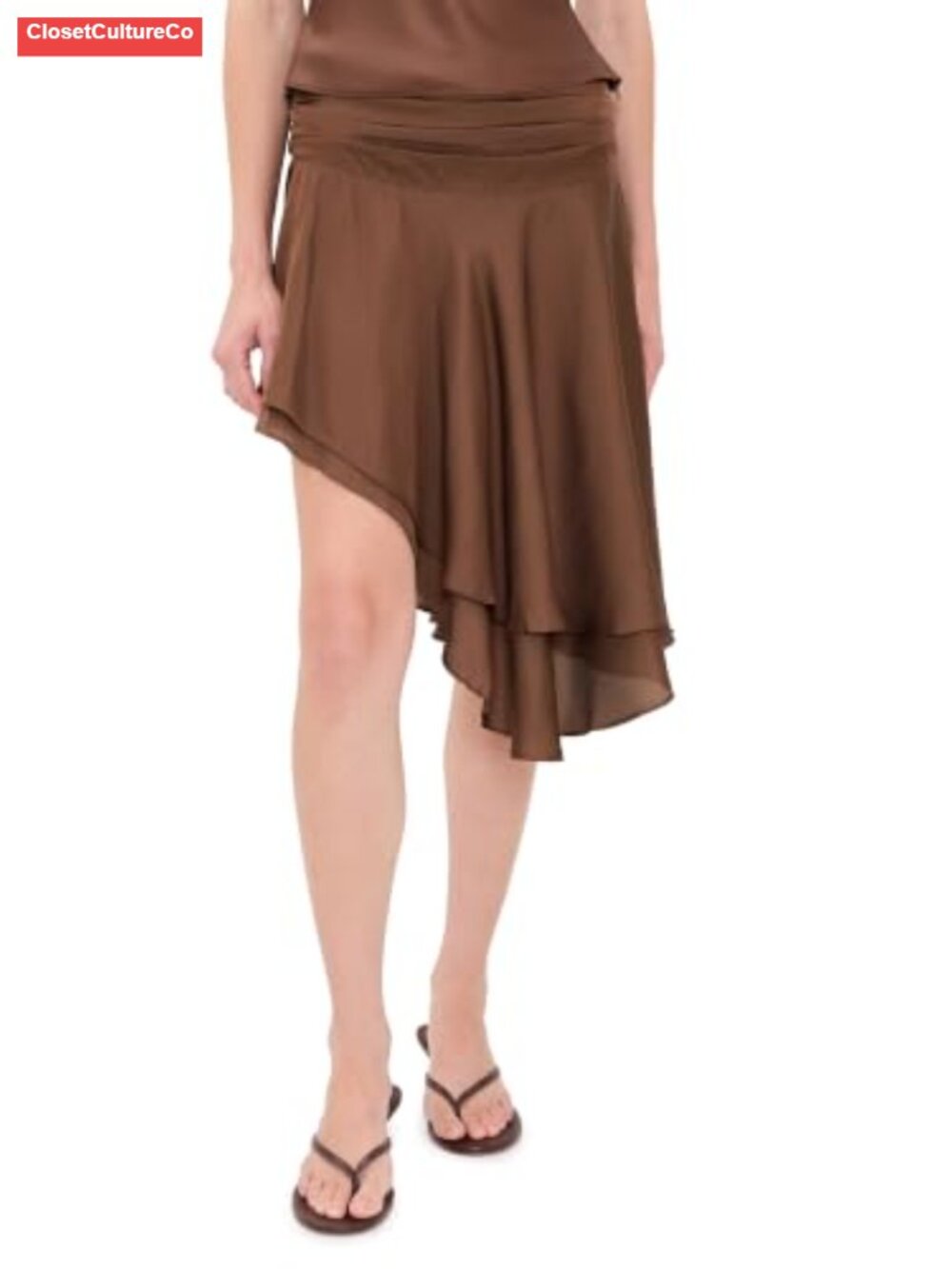 Satin Midi Skirt Pleated Asymmetrical Hem Double-Layered Workwear